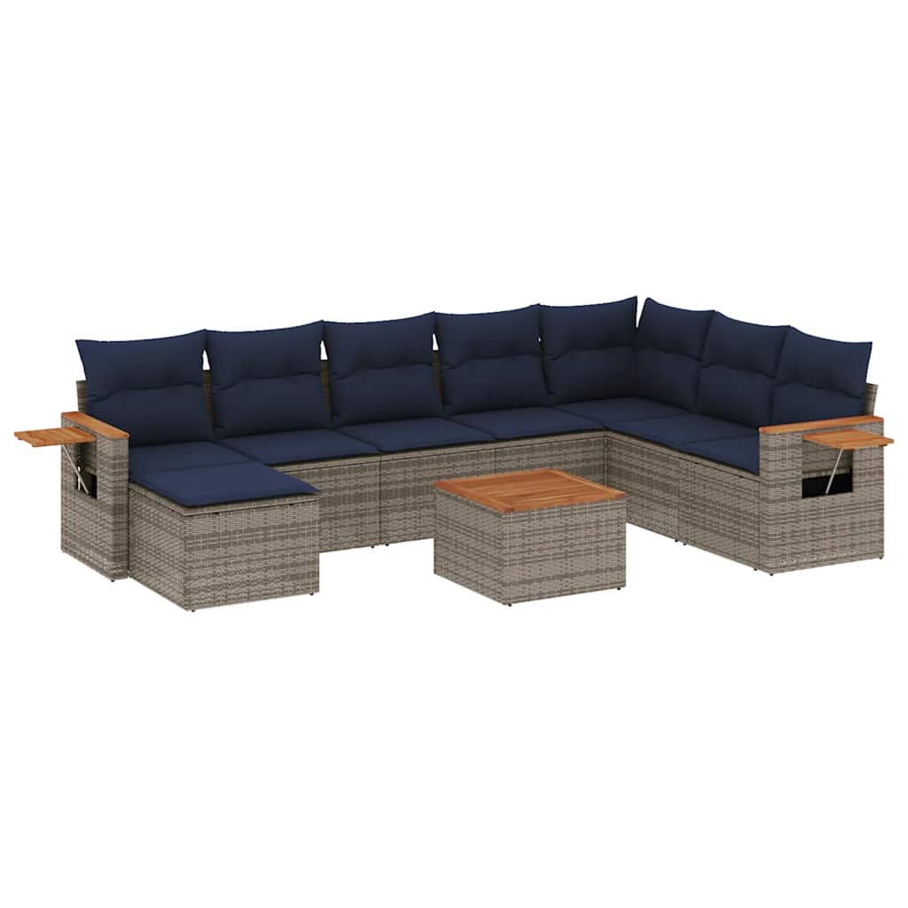 Salon de jardin 9 pcs avec coussins gris résine tressée