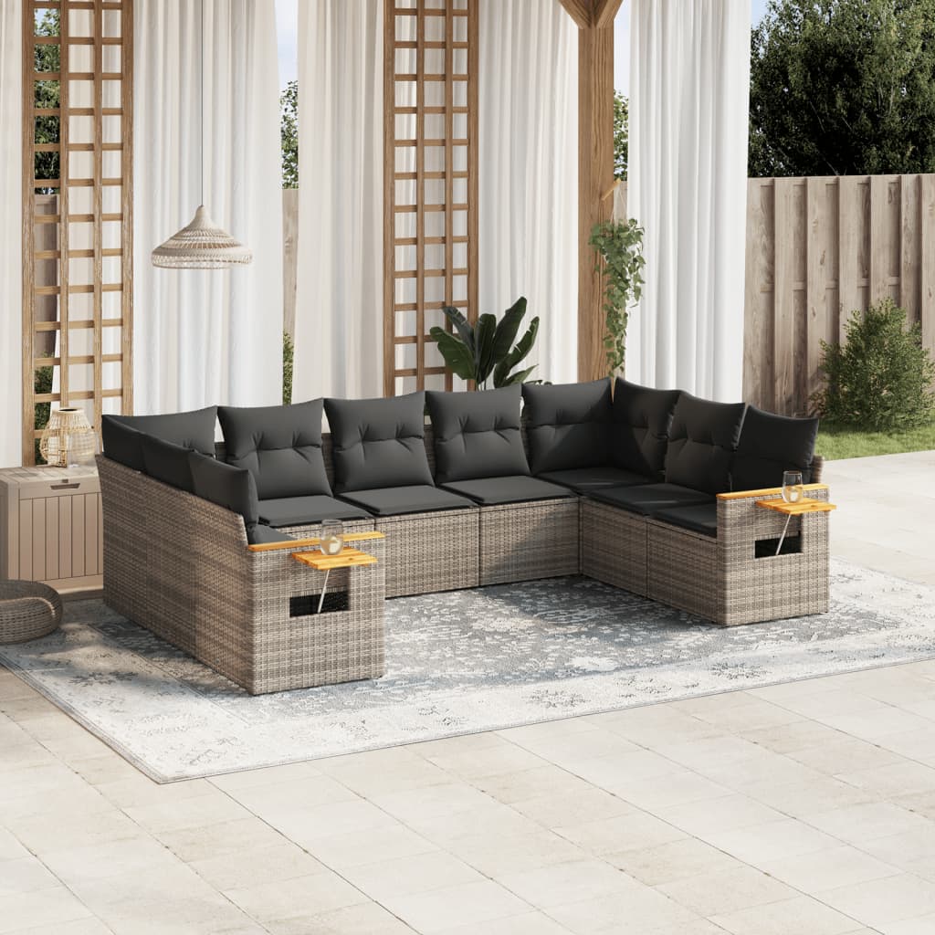 Salon de jardin 9 pcs avec coussins gris résine tressée