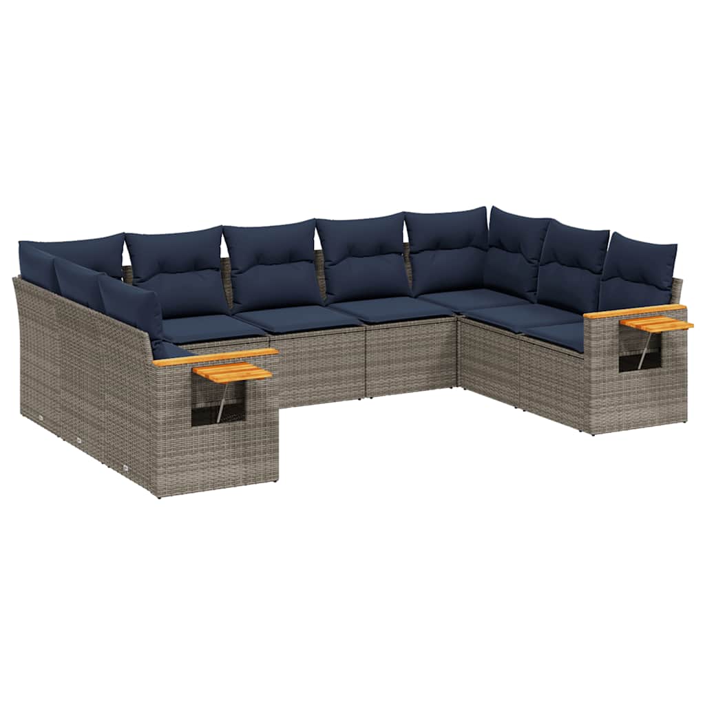Salon de jardin 9 pcs avec coussins gris résine tressée