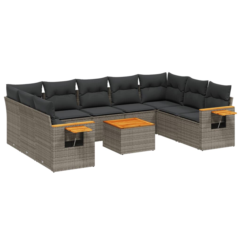 Salon de jardin avec coussins 10 pcs gris résine tressée