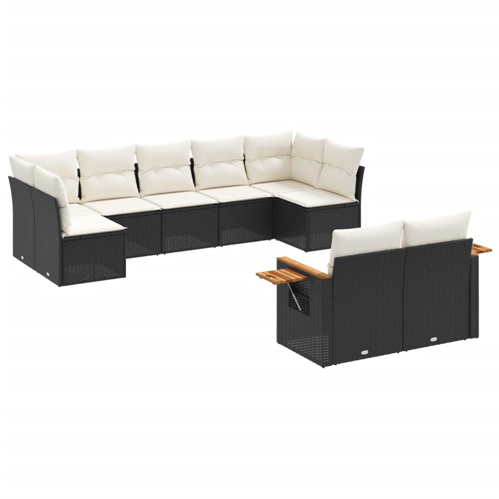 Salon de jardin 9 pcs avec coussins noir résine tressée