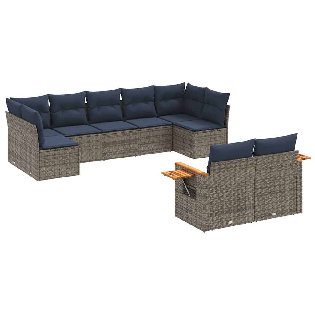 Salon de jardin 9 pcs avec coussins gris résine tressée