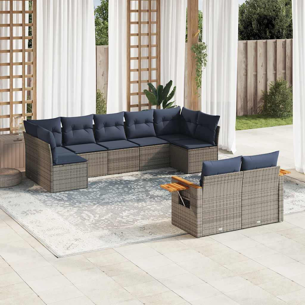 Salon de jardin 9 pcs avec coussins gris résine tressée