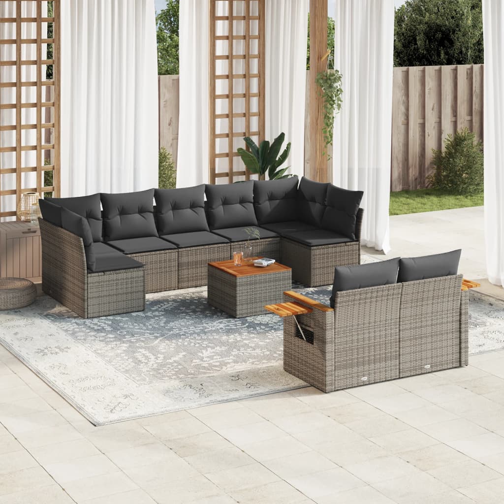 Salon de jardin avec coussins 10 pcs gris résine tressée
