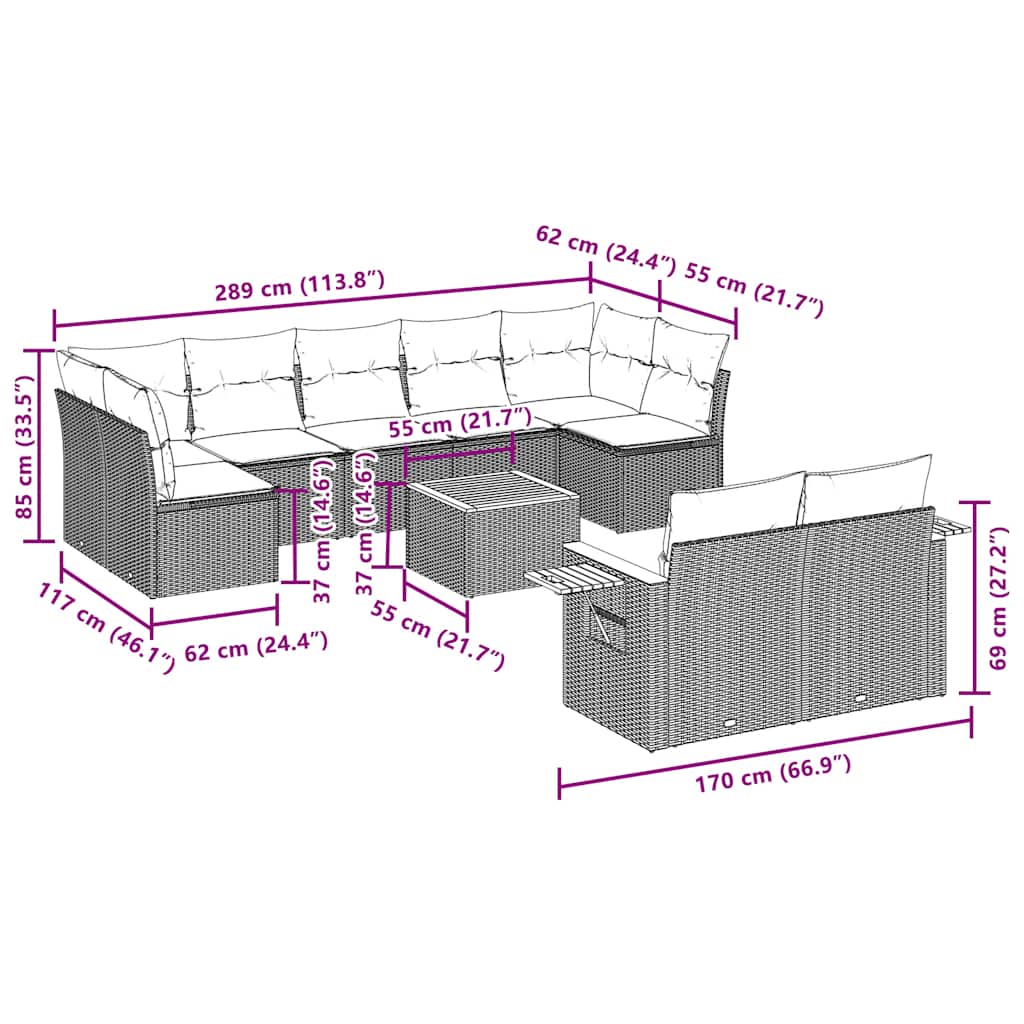 Salon de jardin 10 pcs avec coussins gris résine tressée