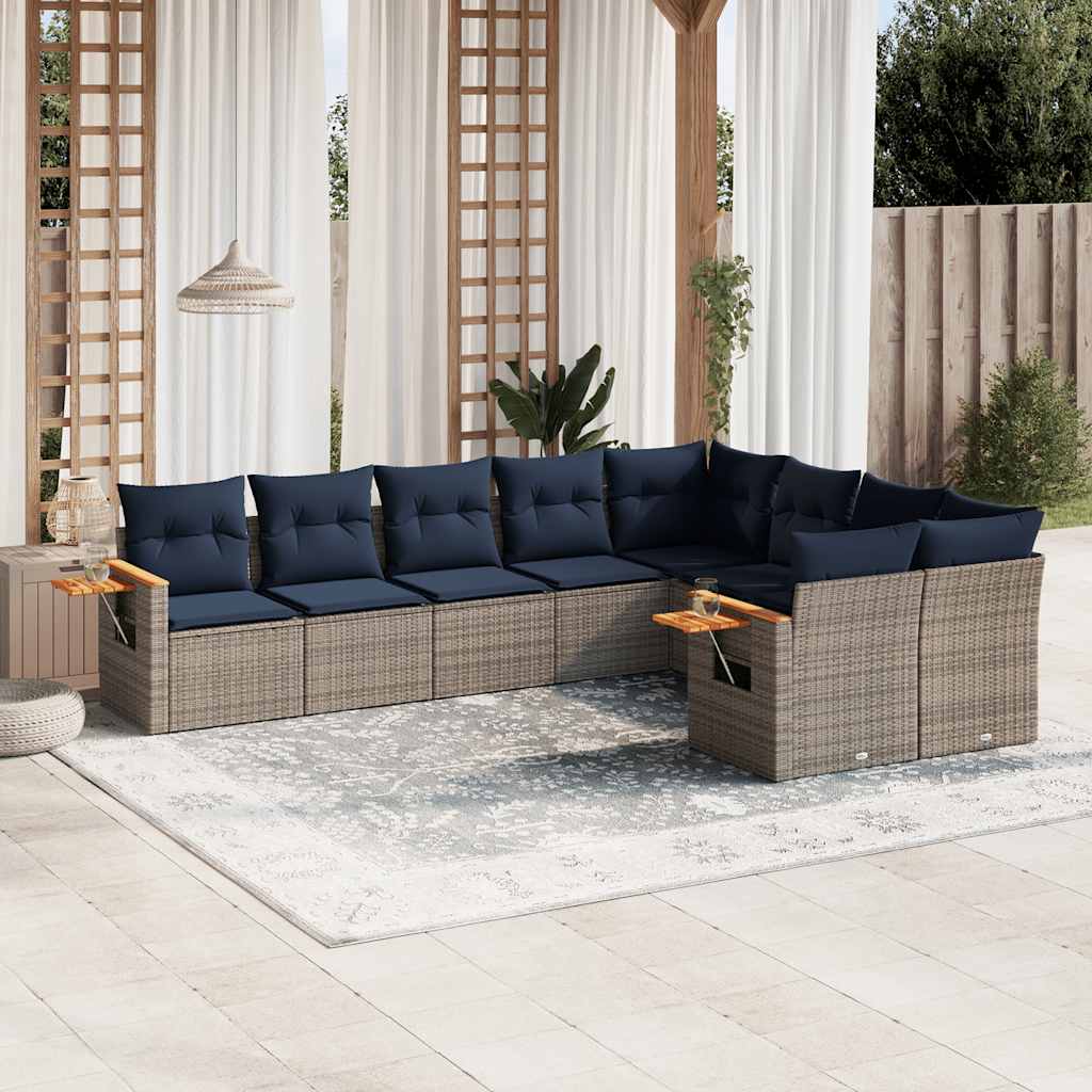 Salon de jardin 9 pcs avec coussins gris résine tressée