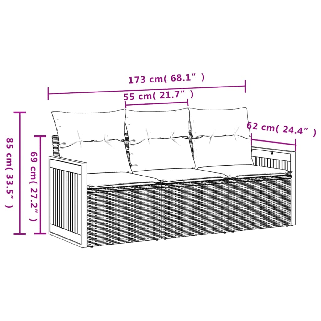 Salon de jardin avec coussins 3 pcs gris résine tressée