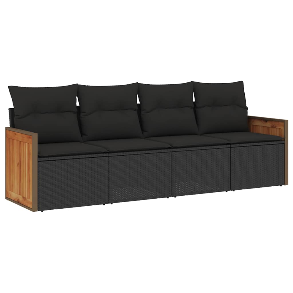 Salon de jardin 4 pcs avec coussins noir résine tressée
