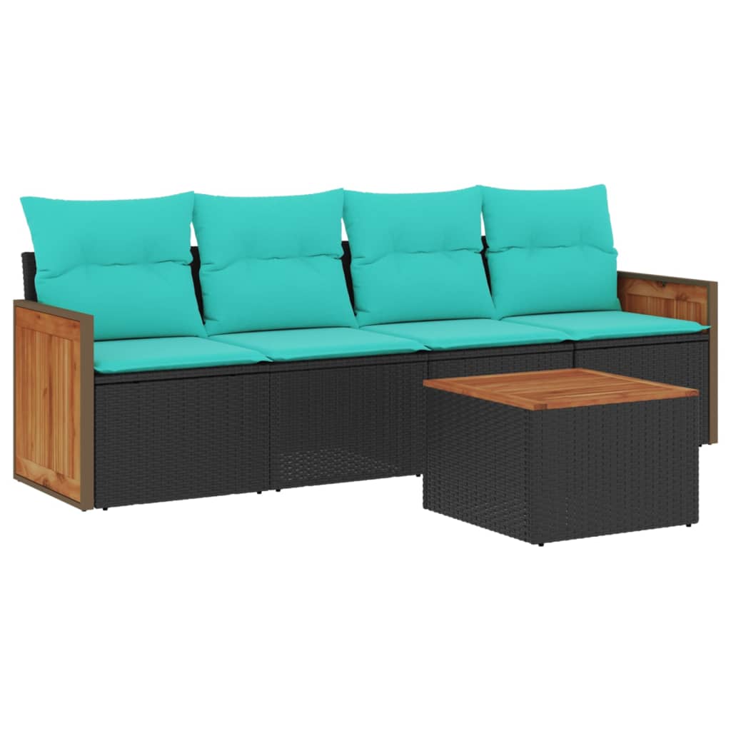 Ensemble de canapé de jardin 5 pcs avec coussins noir résine tressée