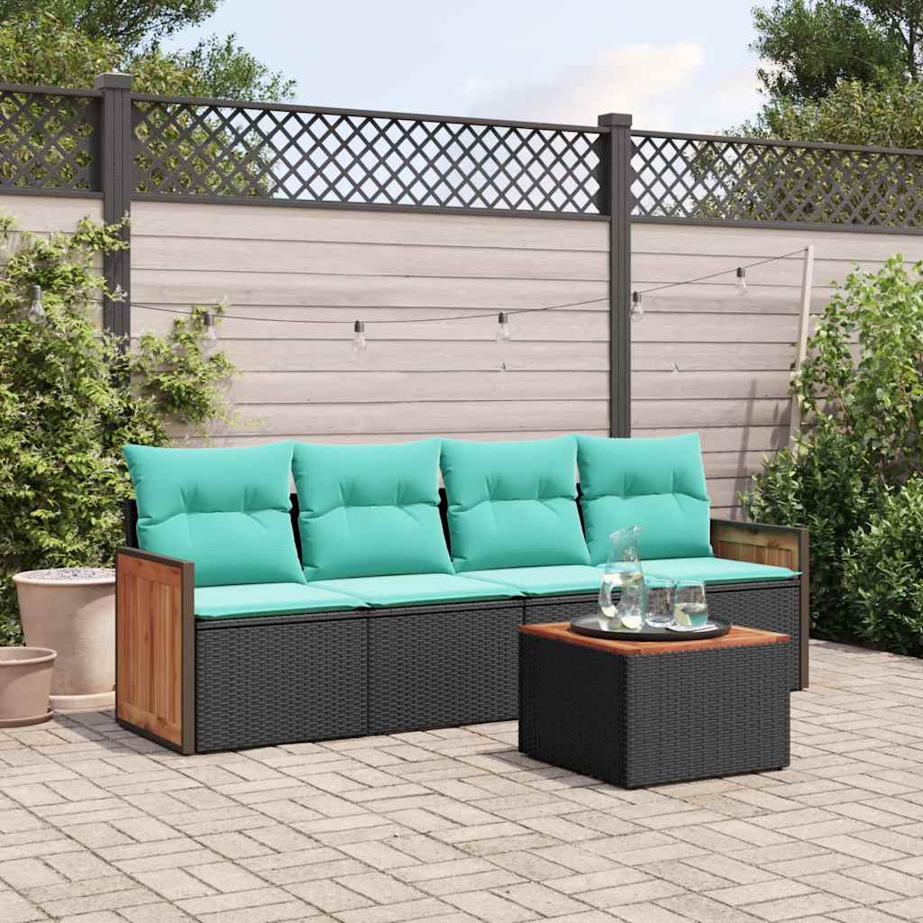 Ensemble de canapé de jardin 5 pcs avec coussins noir résine tressée