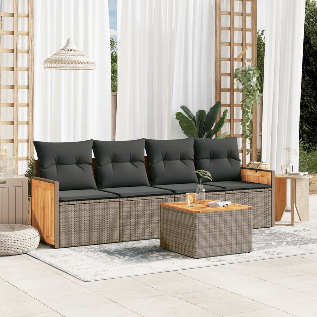 Salon de jardin 5 pcs avec coussins gris résine tressée