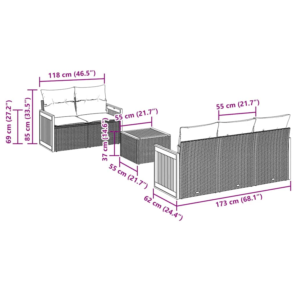 Ensemble de canapé de jardin 6 pcs avec coussins noir résine tressée