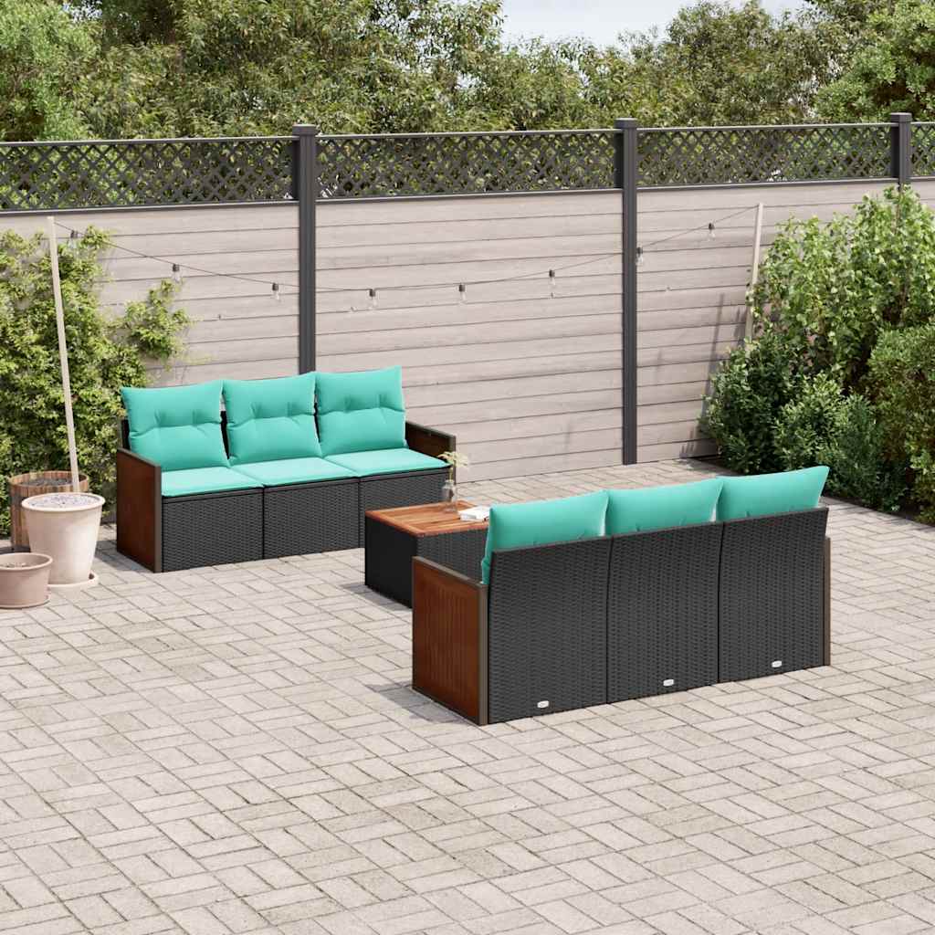 Ensemble de canapé de jardin 7 pcs avec coussins noir résine tressée