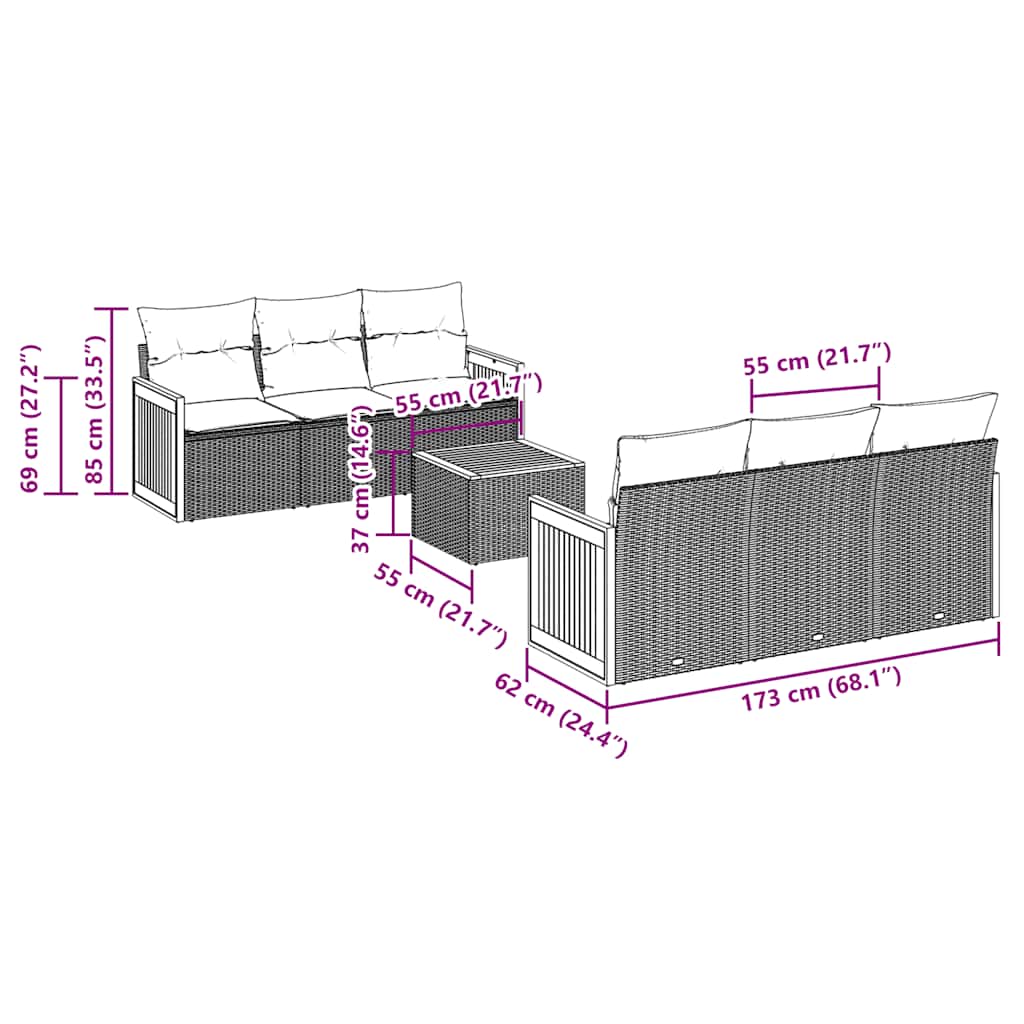 Ensemble de canapé de jardin 7 pcs avec coussins gris résine tressée
