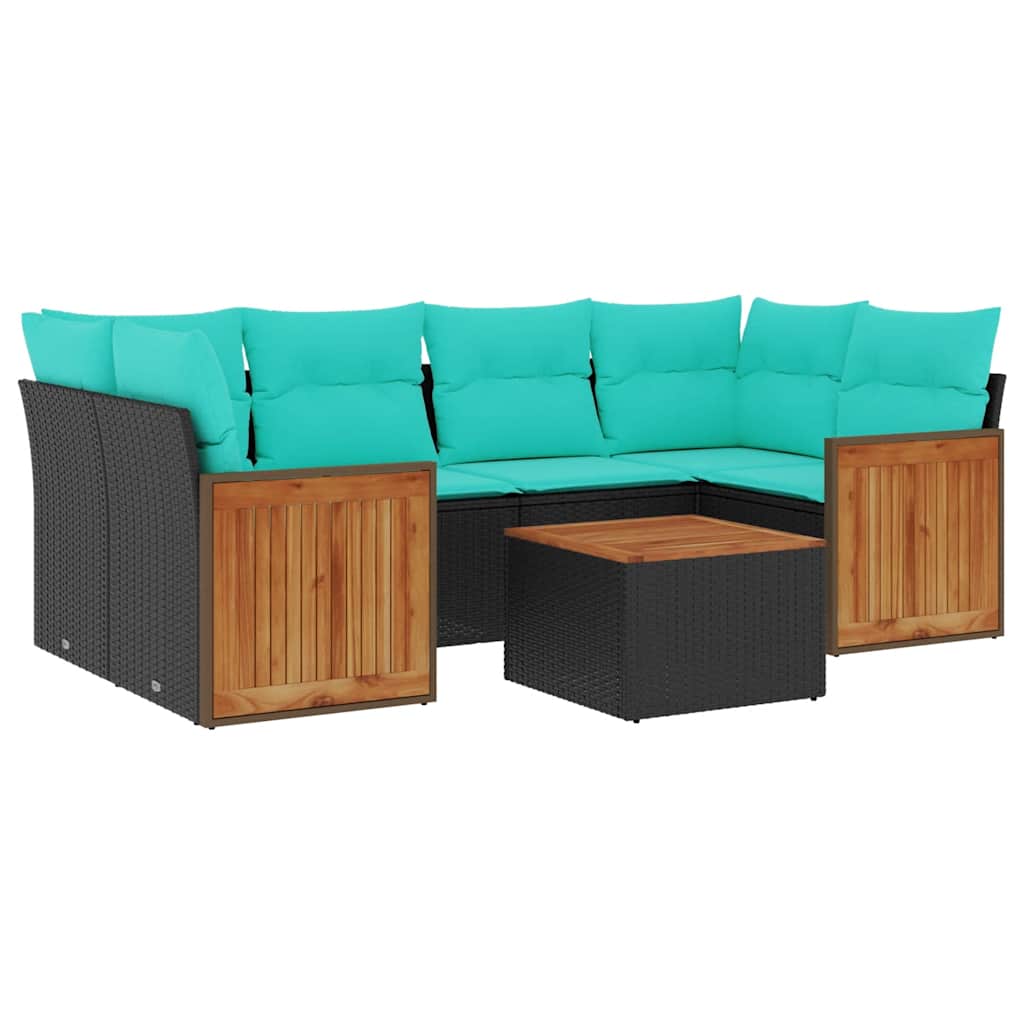 Ensemble de canapé de jardin 7 pcs avec coussins noir résine tressée