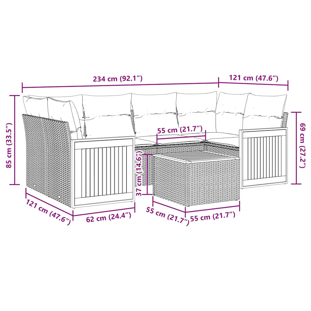 Ensemble de canapé de jardin 7 pcs avec coussins gris résine tressée