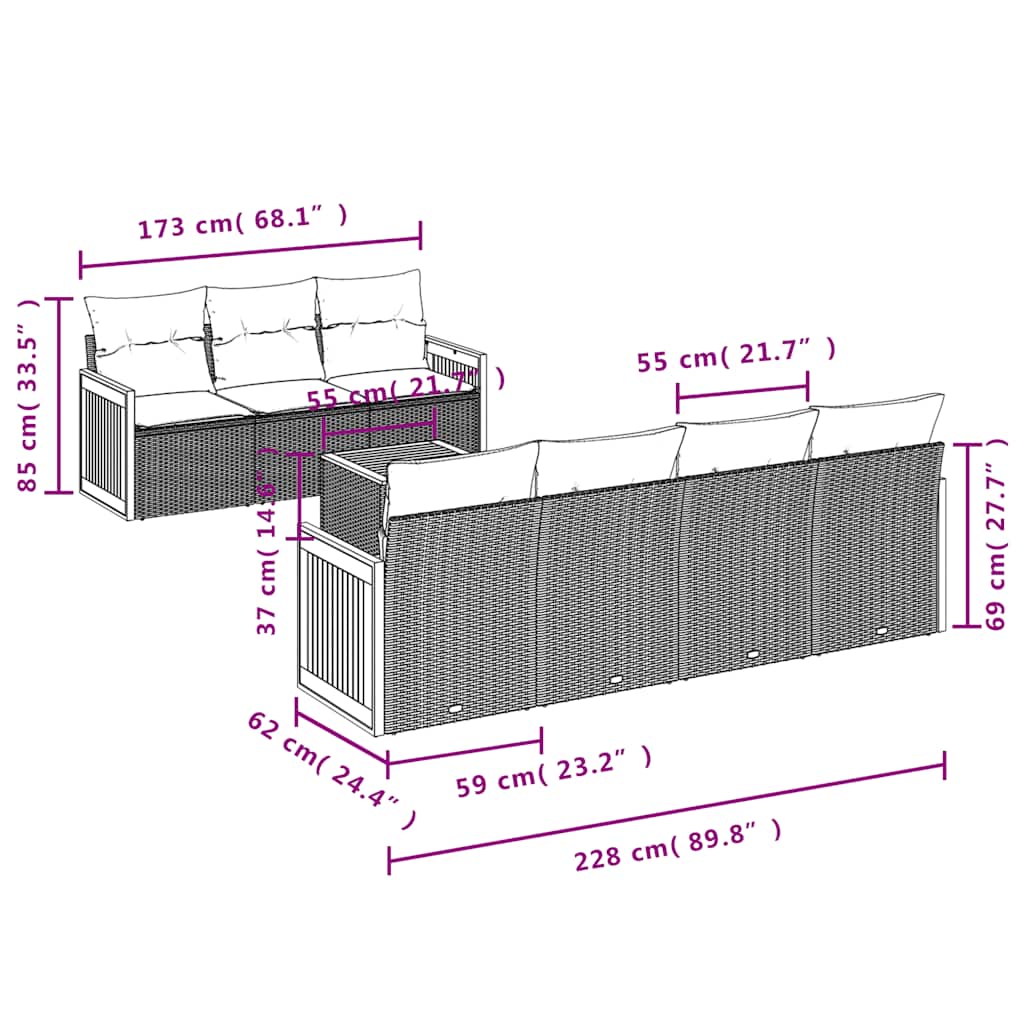 Ensemble de canapé de jardin 8 pcs avec coussins gris résine tressée