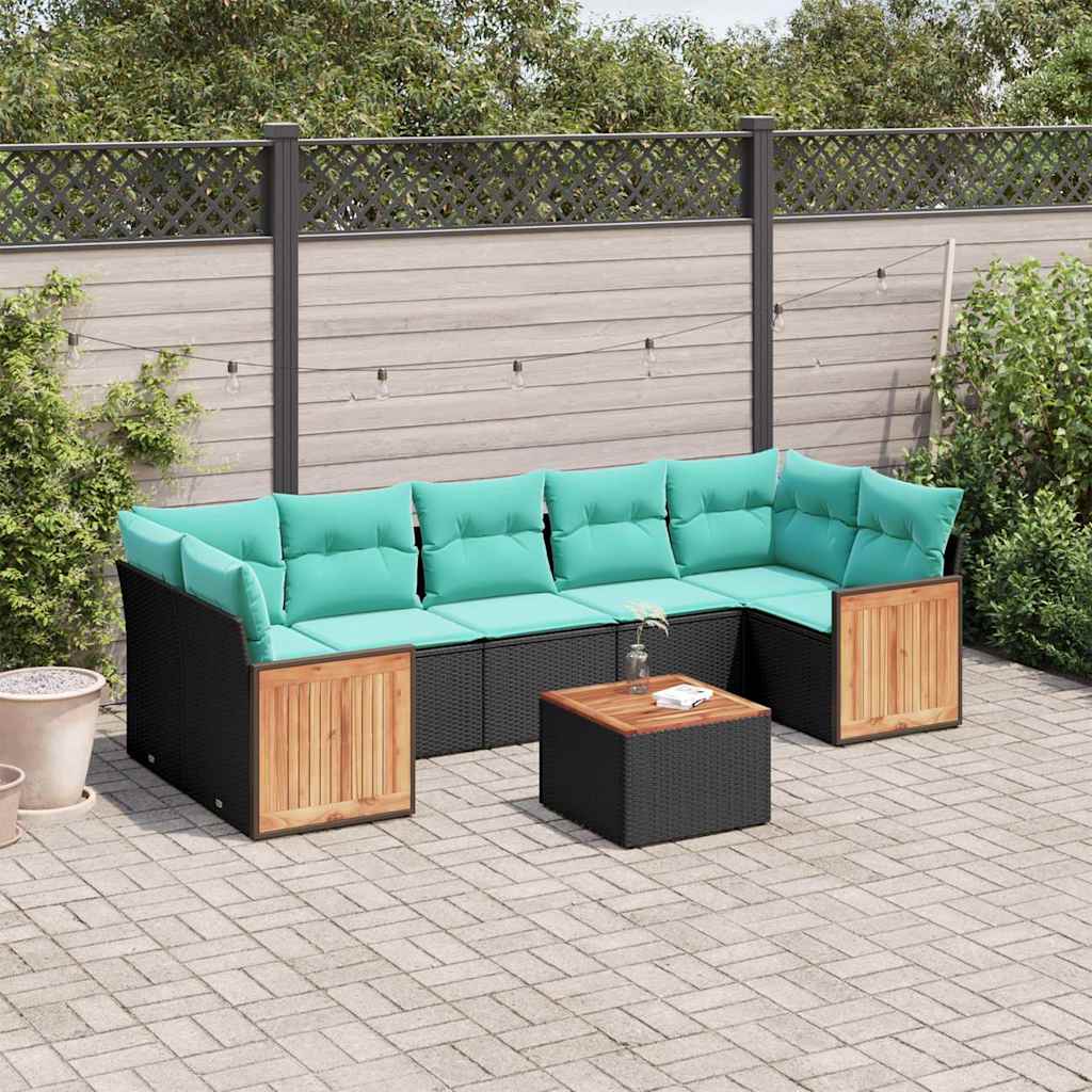 Ensemble de canapé de jardin 8 pcs avec coussins noir résine tressée