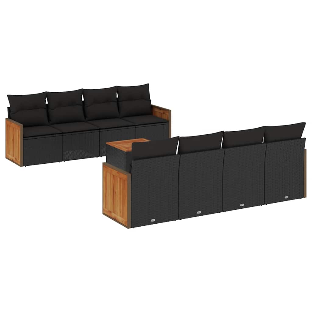Salon de jardin 9 pcs avec coussins noir résine tressée