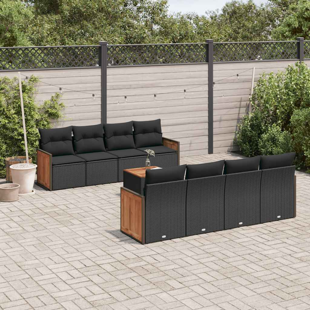 Salon de jardin 9 pcs avec coussins noir résine tressée
