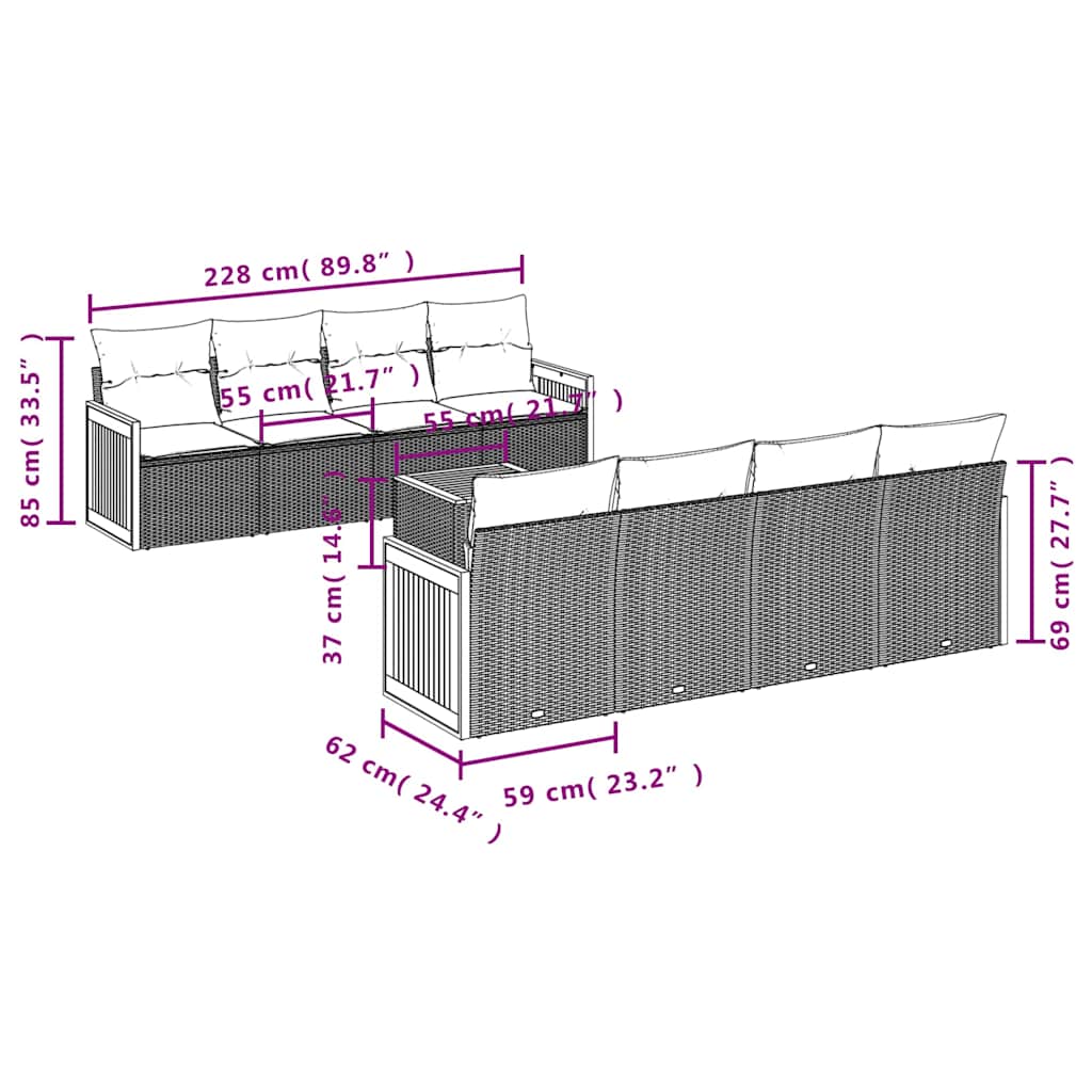 Ensemble de canapé de jardin 9 pcs avec coussins noir résine tressée