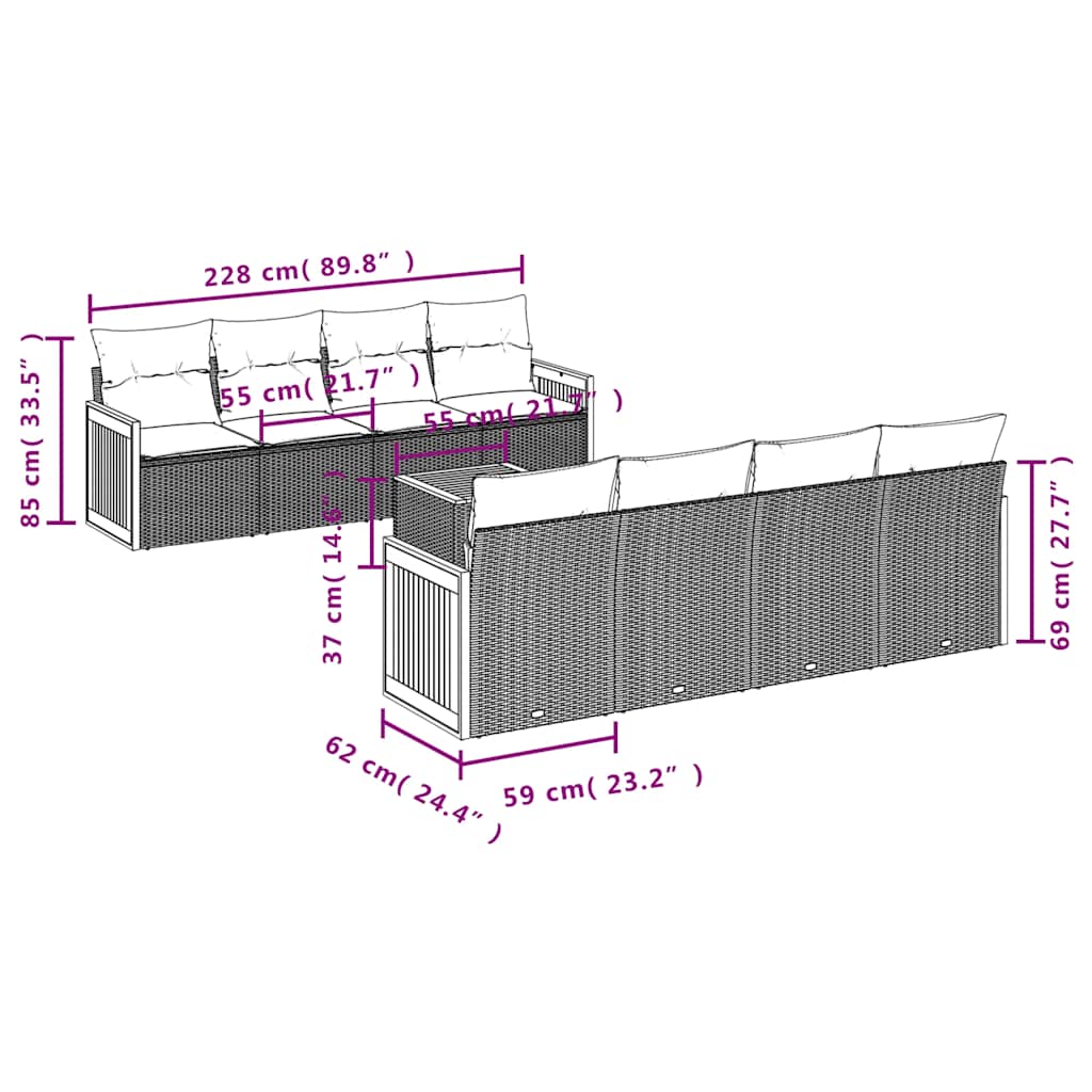 Ensemble de canapé de jardin 9 pcs avec coussins gris résine tressée