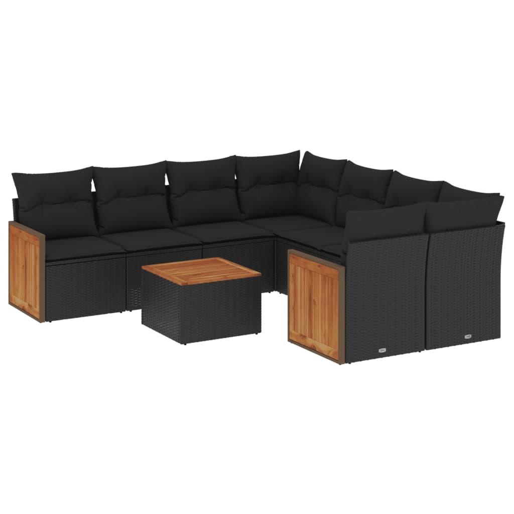 Salon de jardin 9 pcs avec coussins noir résine tressée