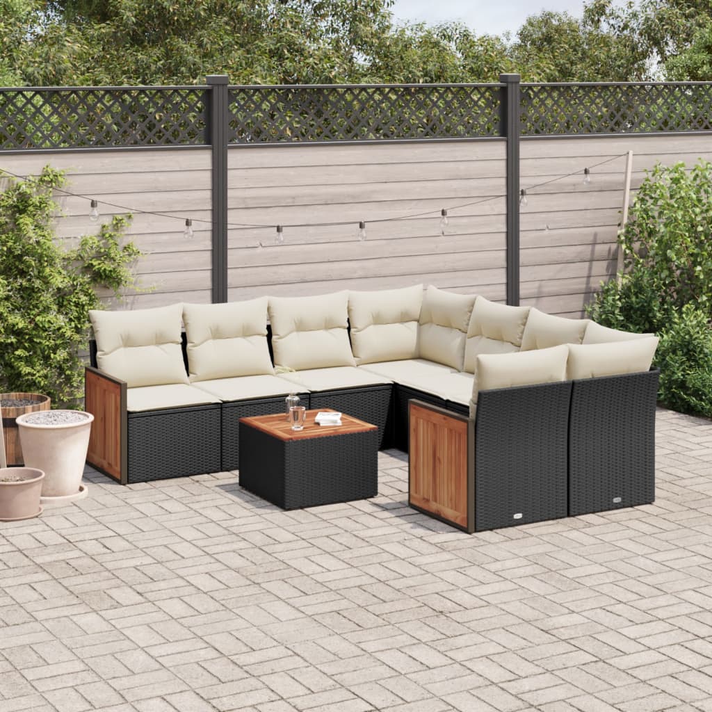 Salon de jardin 9 pcs avec coussins noir résine tressée