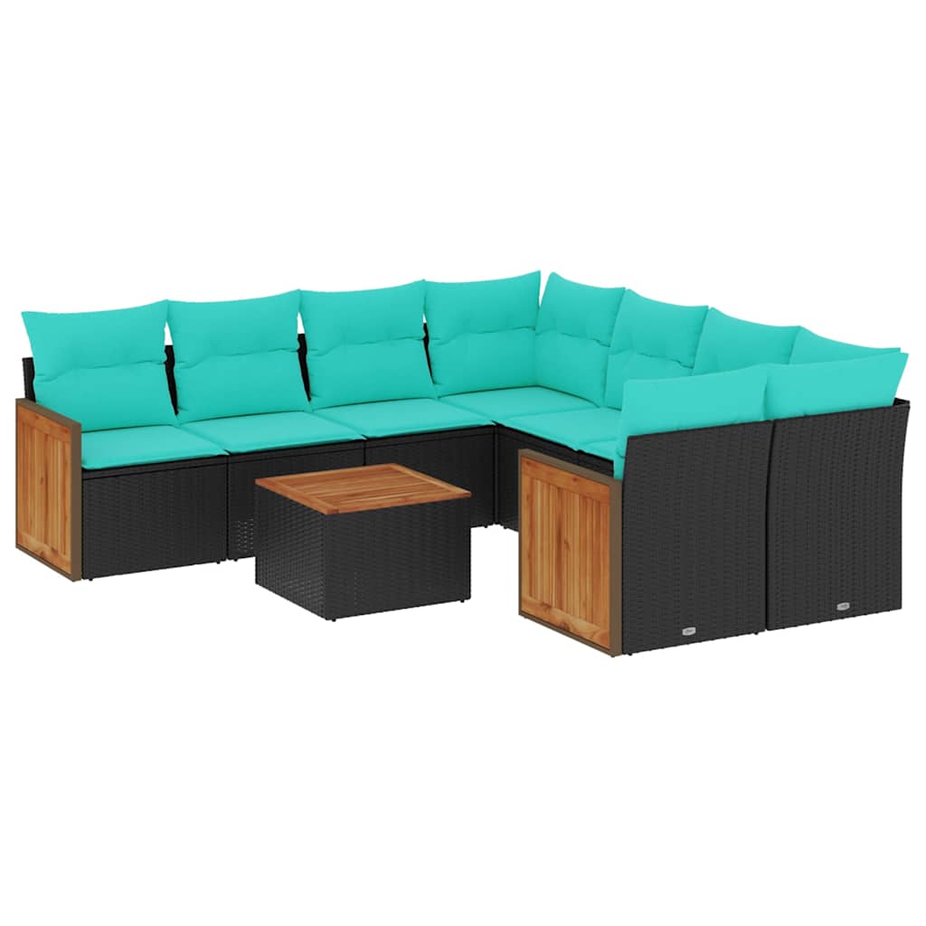 Ensemble de canapé de jardin 9 pcs avec coussins noir résine tressée