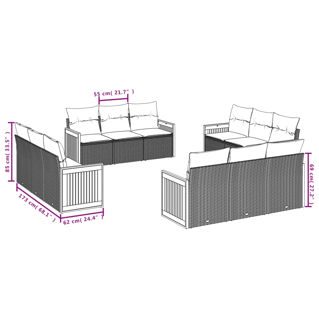 Salon de jardin avec coussins 12 pcs gris résine tressée