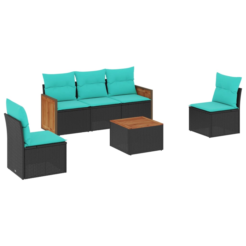 Ensemble de canapé de jardin 6 pcs avec coussins noir résine tressée