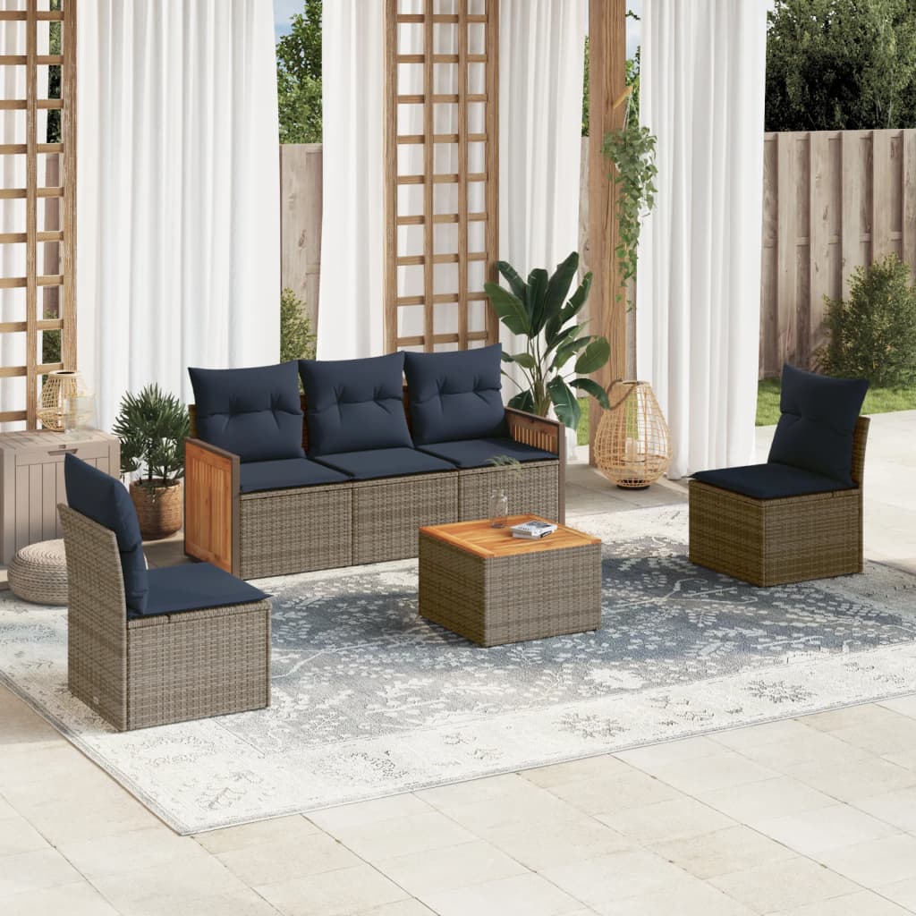 Ensemble de canapé de jardin 6 pcs avec coussins gris résine tressée