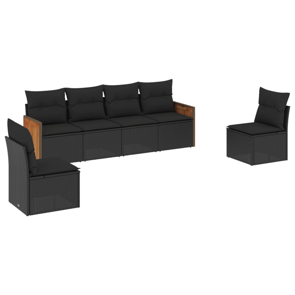 Salon de jardin 6 pcs avec coussins noir résine tressée