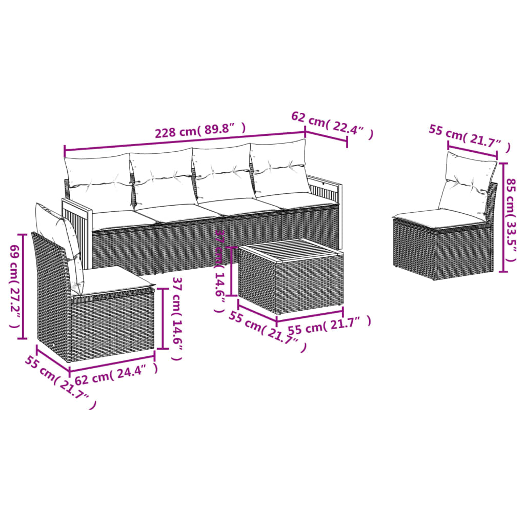Salon de jardin 7 pcs avec coussins noir résine tressée