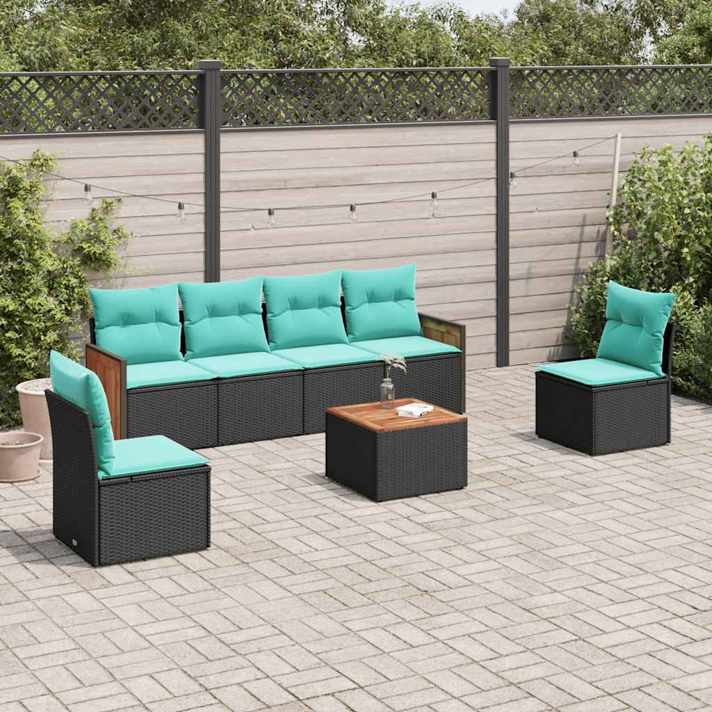 Ensemble de canapé de jardin 7 pcs avec coussins noir résine tressée