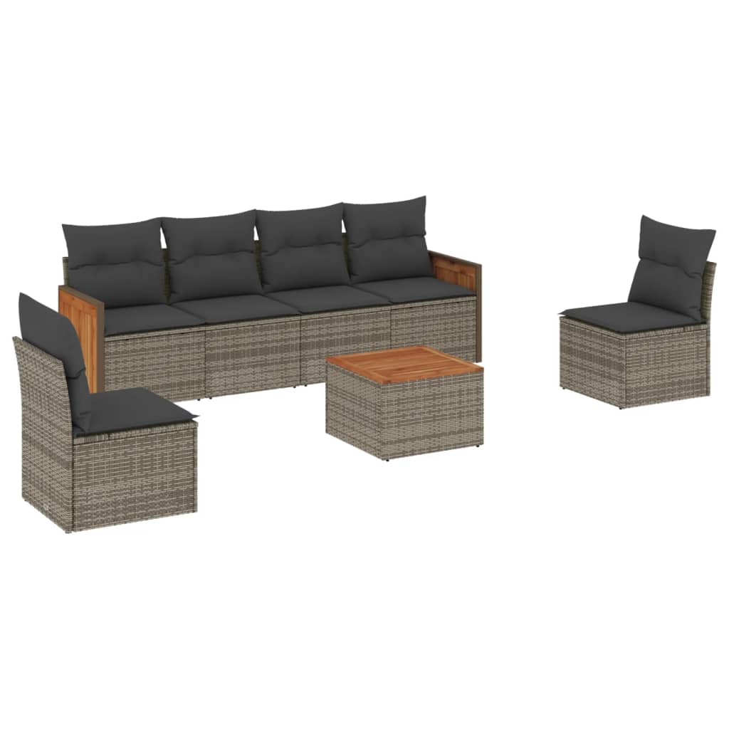 Salon de jardin avec coussins 7 pcs gris résine tressée