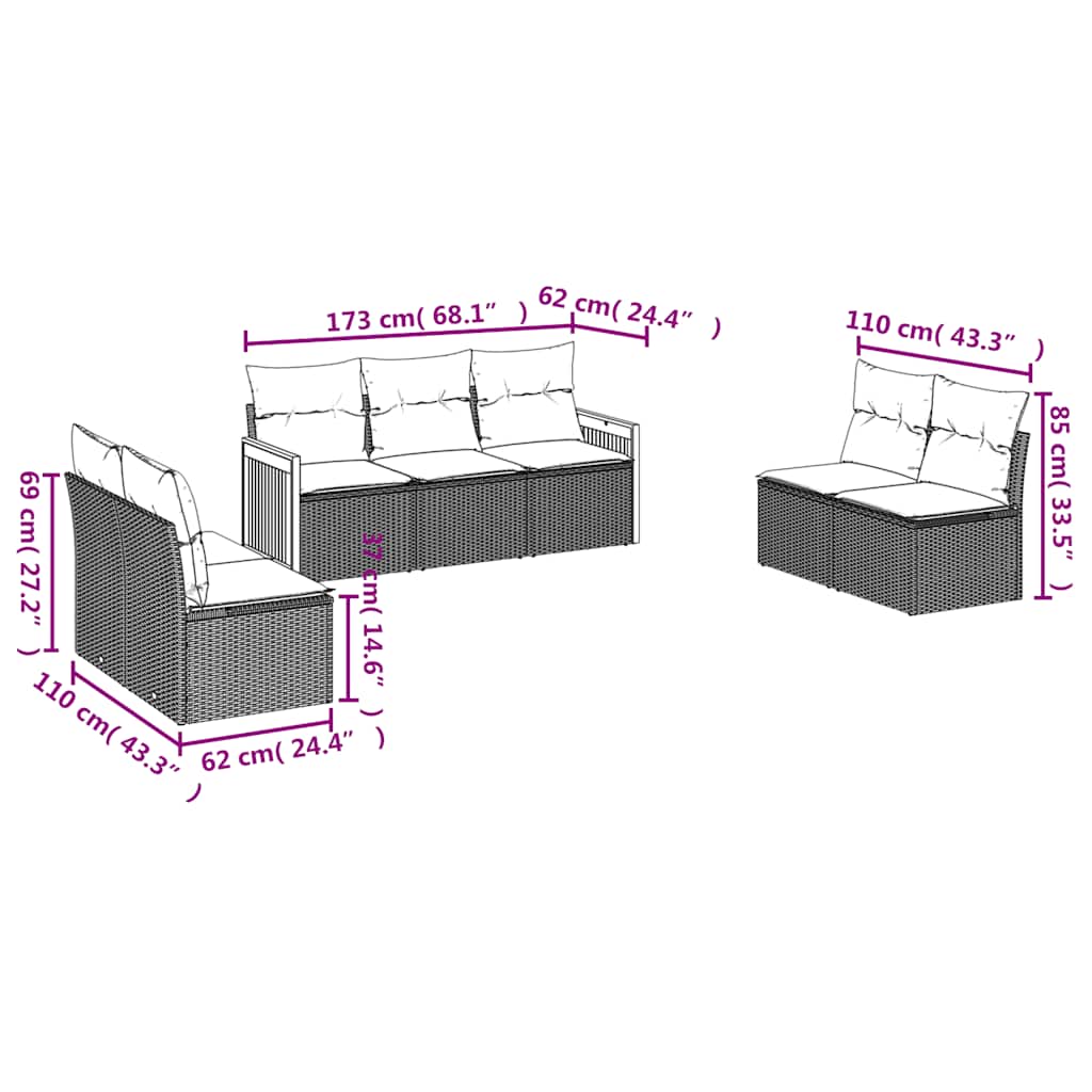 Salon de jardin 7 pcs avec coussins noir résine tressée
