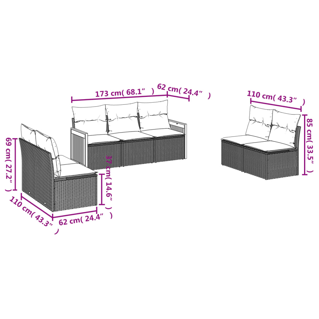Ensemble de canapé de jardin 7 pcs avec coussins gris résine tressée
