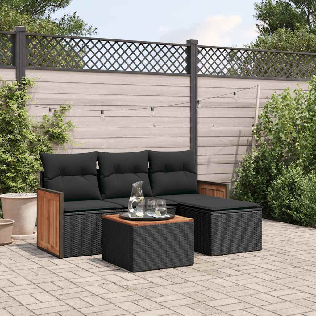 Salon de jardin 5 pcs avec coussins noir résine tressée