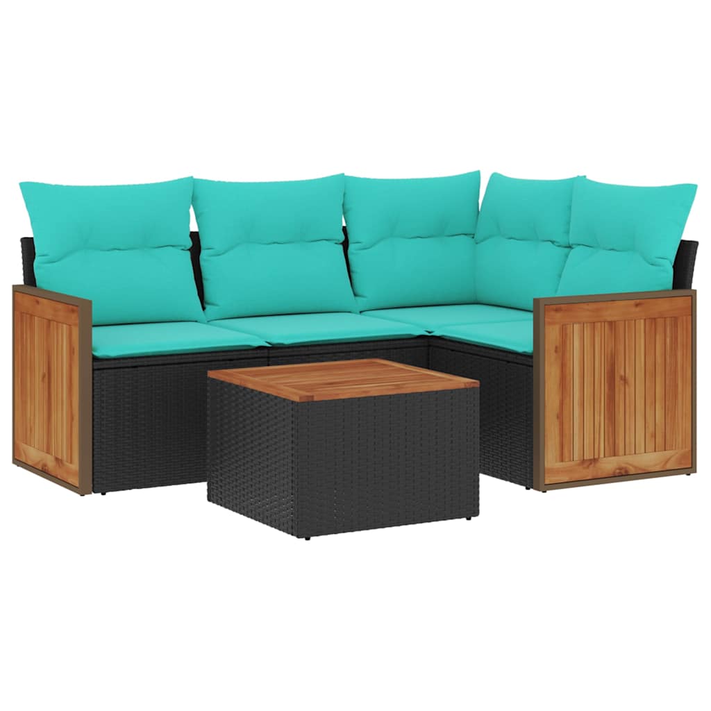 Ensemble de canapé de jardin 5 pcs avec coussins noir résine tressée