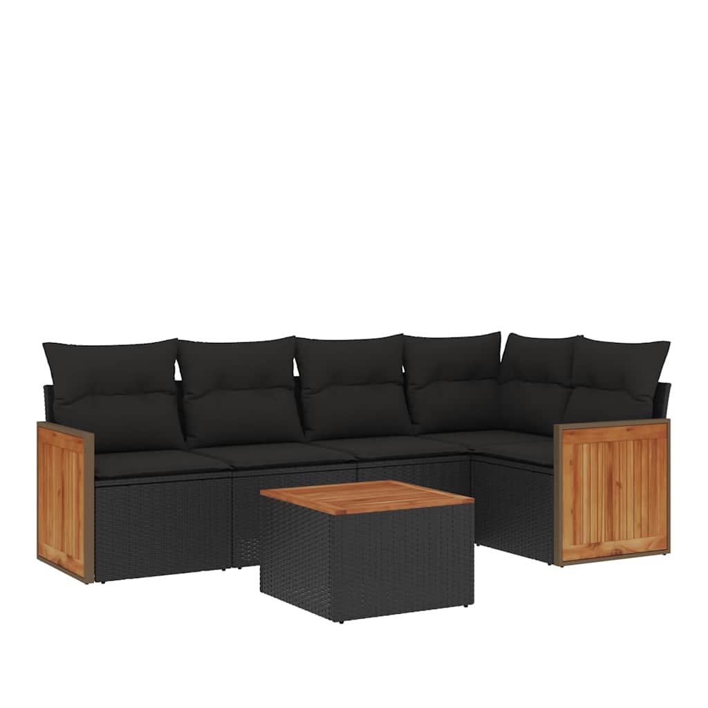 Salon de jardin 6 pcs avec coussins noir résine tressée