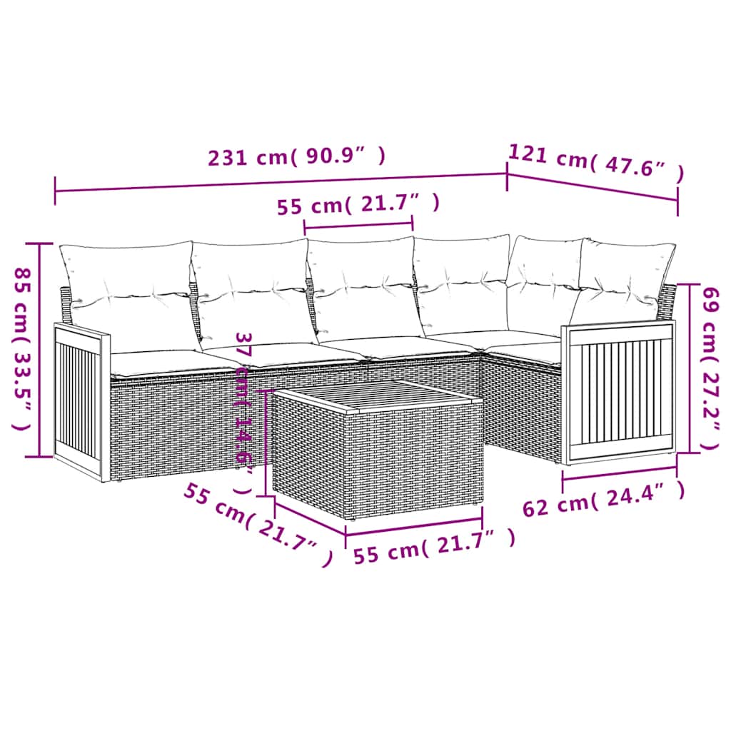 Ensemble de canapé de jardin 6 pcs avec coussins noir résine tressée