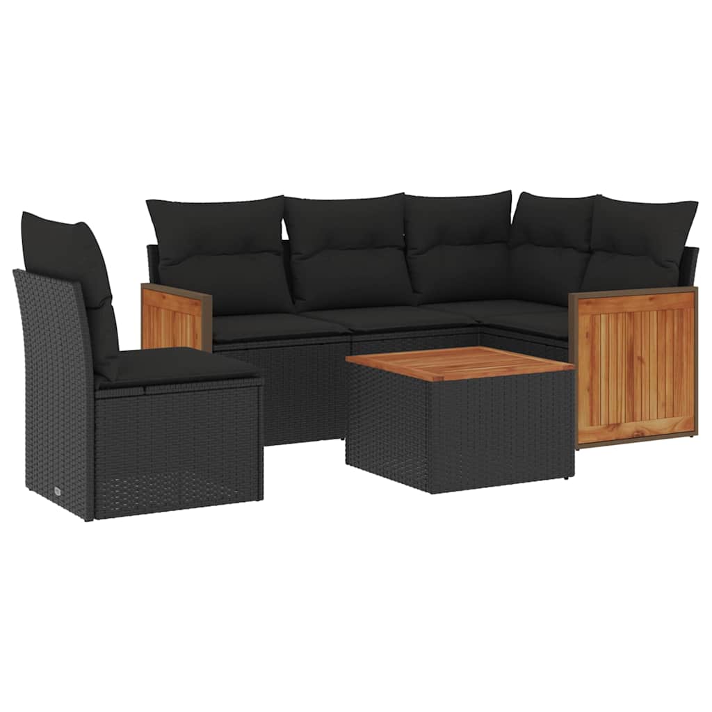 Salon de jardin 6 pcs avec coussins noir résine tressée