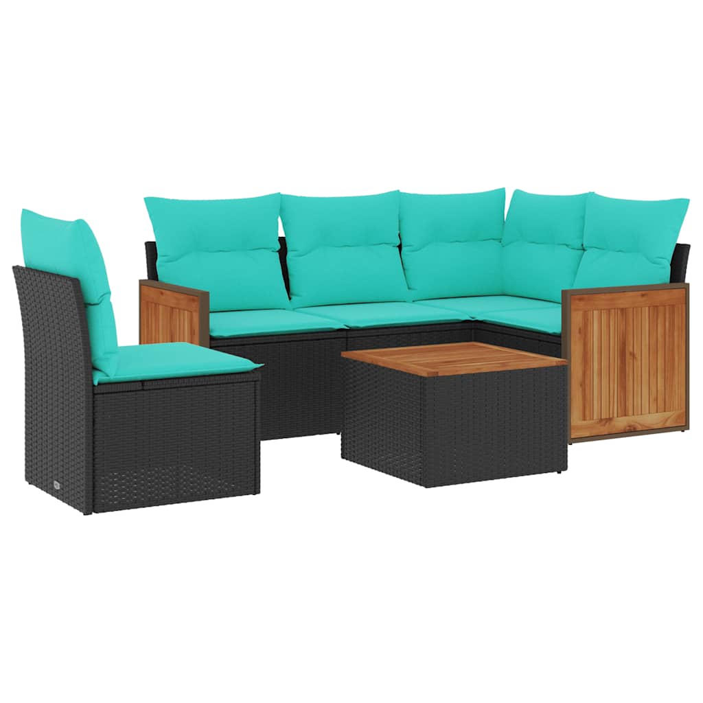 Ensemble de canapé de jardin 6 pcs avec coussins noir résine tressée