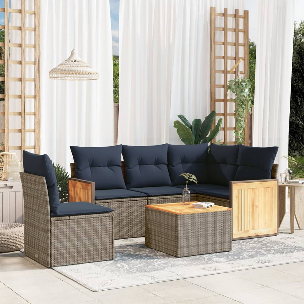 Ensemble de canapé de jardin 6 pcs avec coussins gris résine tressée