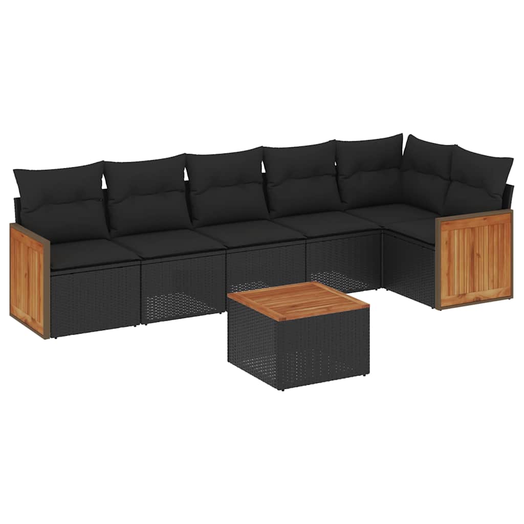 Salon de jardin 7 pcs avec coussins noir résine tressée