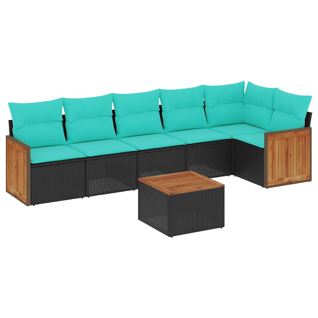 Ensemble de canapé de jardin 7 pcs avec coussins noir résine tressée