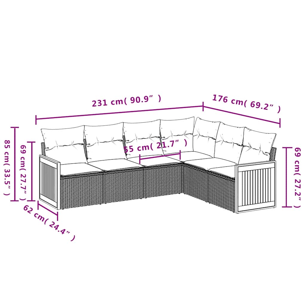 Salon de jardin 6 pcs avec coussins noir résine tressée