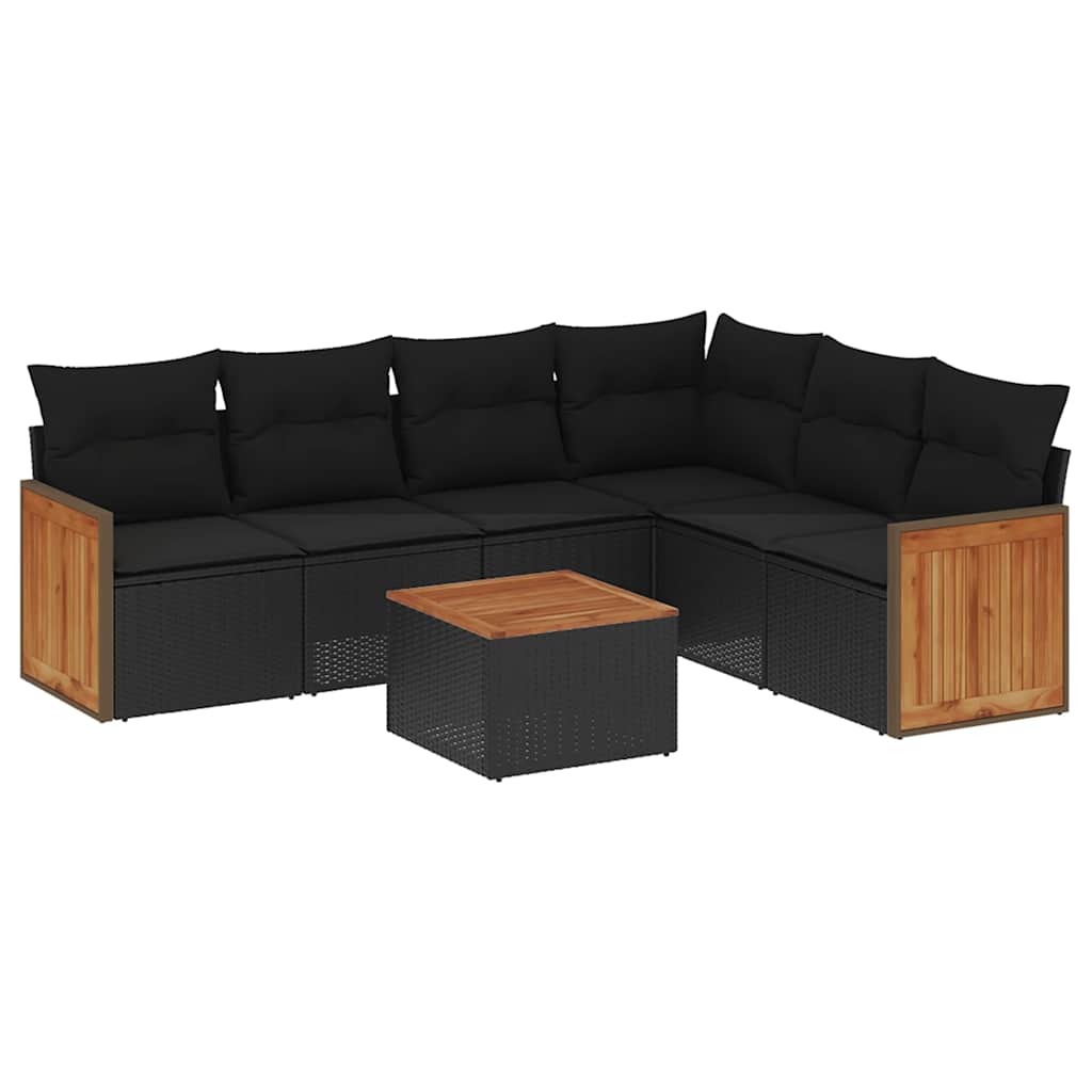 Salon de jardin 7 pcs avec coussins noir résine tressée