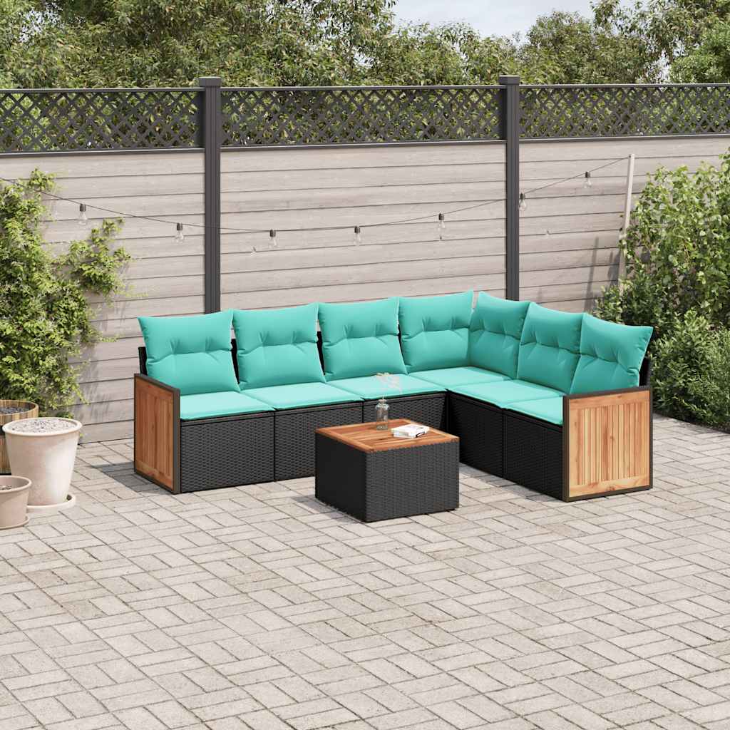 Ensemble de canapé de jardin 7 pcs avec coussins noir résine tressée